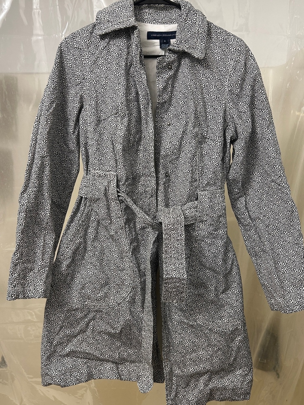 French Connection Black & White Abstract Pattern Trench Coat with Belt